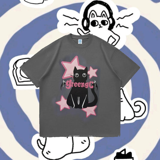 تيشيرت رصاصي قطة مع نجوم